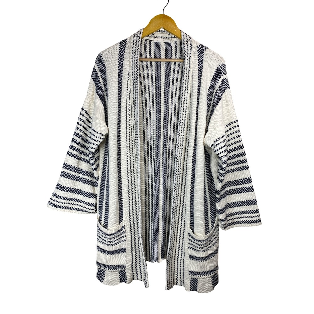 Ellison Womens Striped Open Front Cardigan Sweater Textured Knit L Boho Coastal